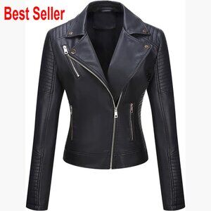 Faux Leather Moto Jacket Lightweight Quilted Design Notch Lapel